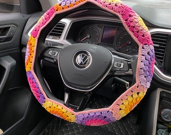 Pink steering wheel cover/Handmade Crochet Steering Wheel Cover Rainbow Sunflower Granny Square Car Accessories Decor Safe Belt Cover