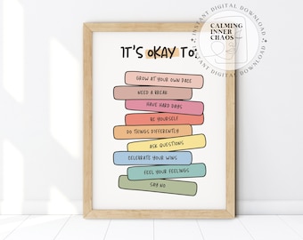 Está bien cartel, cartel de sentimientos, está bien imprimible para niños, decoración de oficina de terapia, arte de pared de consejero escolar, recurso de salud mental