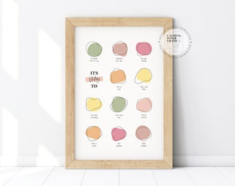 Está bien cartel, cartel de sentimientos, está bien imprimible, decoración de oficina de terapia, arte de pared de signo de consejero escolar, recurso de salud mental