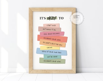 Está bien cartel, cartel de sentimientos, está bien imprimible para niños, decoración de oficina de terapia, arte de pared de consejero escolar, recurso de salud mental