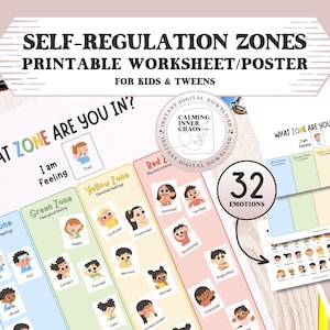 Self-Regulation Zones Emotions Poster Feelings Printable Worksheet Chart Calm Down Corner Emotional Learning Therapy Office Decor