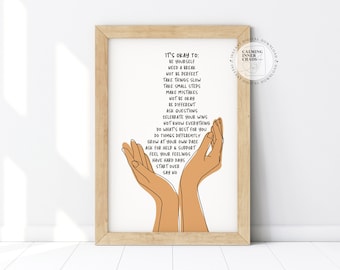Está bien cartel, cartel de sentimientos, está bien cometer errores, decoración de la oficina de terapia, signo de arte de pared del consejero escolar, recurso de salud mental
