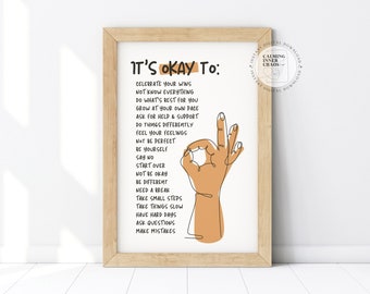 Está bien cartel, cartel de sentimientos, está bien cometer errores, decoración de la oficina de terapia, signo de arte de pared del consejero escolar, recurso de salud mental