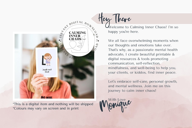 May include: A digital download for calming inner chaos. The image shows a woman holding a card with the letter L and the words "Laugh out loud". The text on the page says "Welcome to Calming Inner Chaos! I'm so happy you're here."