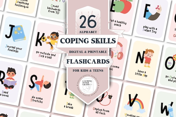 26 Coping Skills Alphabet Printable Flashcards for Kids & Teens, Self Regulation Digital Card Set, Calming Strategies, Emotional Learning