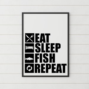 Eat Sleep Fish Repeat Wandkunst - Angel Humor Kunstwerk - Angelangen Wandkunst