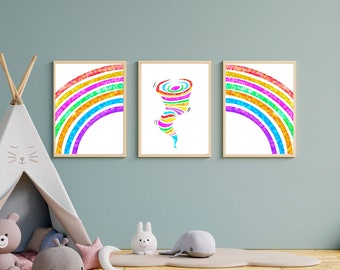 Láminas infantiles, trío de láminas, Tornado y Arcoíris Wall Art - Decoración de la pared de la habitación de los niños