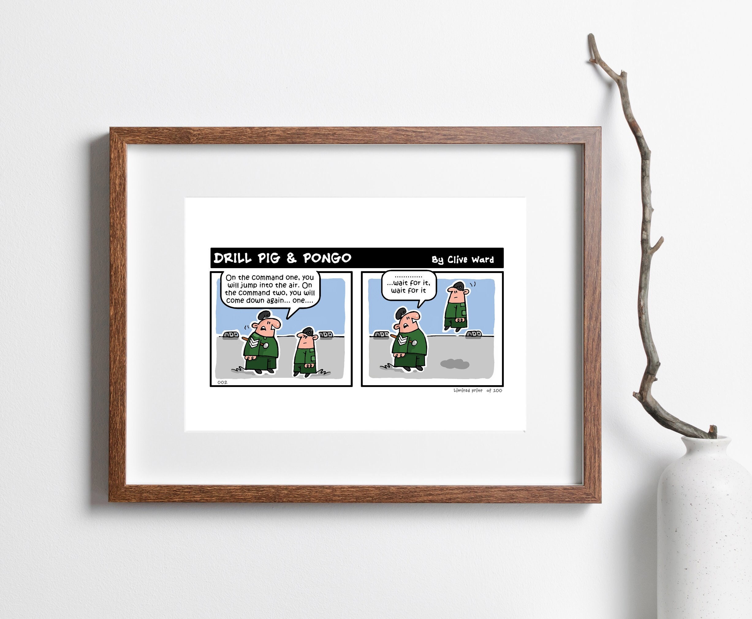 Drill Pig & Pongo version 2 signed limited edition print 1/100 - Printed A4 Military Artwork - By Clive Ward