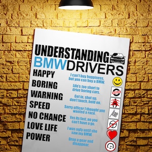 BMW Garage Wall Print, BMW gift, Understanding BMW Drivers, Printed Wall Art, Vehicle Art, bmw Series Prints