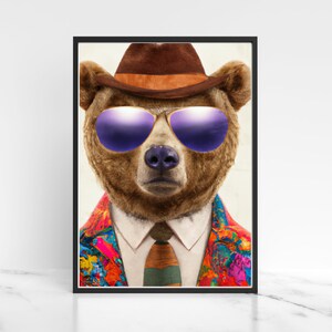 Serious Bear Print - Cute Bear Printed Wall Art - Funky Wall Art - Colourful Suit