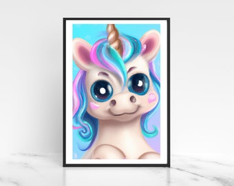 Unicorn Print, Baby Unicorn Wall Art, Blue Eyed Unicorn,  Pretty Unicorn