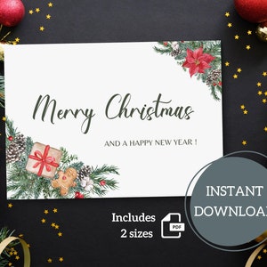 Tarjeta imprimible Feliz Navidad / Acuarela / 5.5x4.25, 7x5 / A2, A7 / Plegado, Plano / Simple / Descarga Instantánea / Archivo Digital / PDF