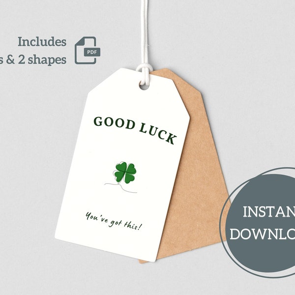 Good Luck Printable Gift Tag | 4 leaf Clover | 1.5x2.5, 2x3.5 | Rectangular, Luggage Style | Simple | Instant Download | Digital File | PDF