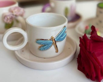 Tea cup | Coffee cup | Decorated with a &quot;dragonfly&quot; | Handmade from ceramic | With real gold elements | Designer cup