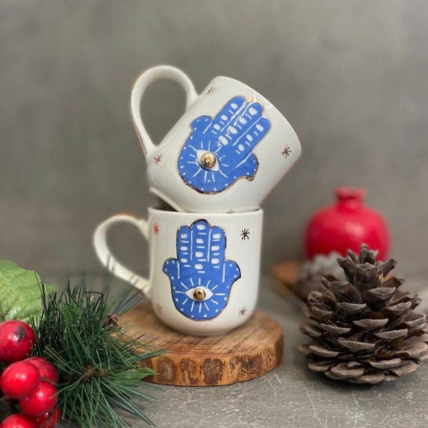 tasse à thé | tasse à café | Main de Fatima | Hamsa | Fait à la main à partir de poterie | Mug design