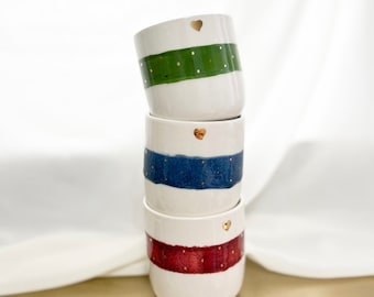 Tea cup | Coffee cup | Set of 3 or individually | Red, blue, green | Heart with real gold elements | Handmade ceramic | Design cup