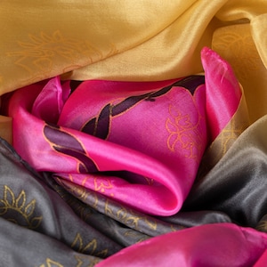 hand-painted silk scarf | silk scarf | Ladies | Pink-Gray-Yellow | Elegant & Luxurious | 100% silk | 1600x500 | Unique designer scarf