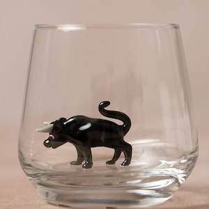 Drinking glass with animal figure | Black bull | 3D | Murano glass | Glass with figure | Handmade | Water glass | Cup