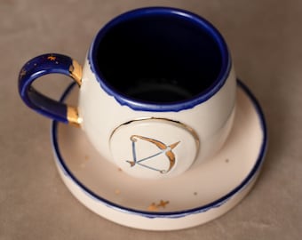 tasse de thé | tasse à café | Décoré avec un "Signe du Zodiaque - Sagittaire" | Fait à la main en céramique | Avec de véritables éléments en or | Tasse de créateur