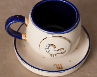 Tea cup | Coffee cup | Decorated with a &quot;Zodiac sign - Scorpio&quot; | Handmade from ceramic | With real gold elements | Designer cup