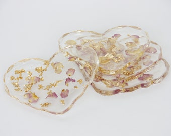 Coasters for Glass | Heart with Real Roses & Gold | Set of 4 | Epoxy | Epoxy Resin | Handmade | Drink Coasters | Table Decoration