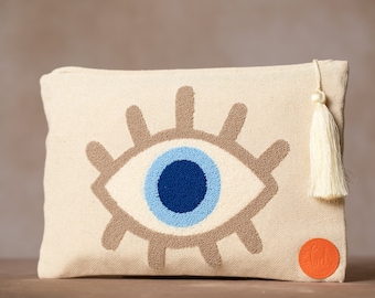 Handbag for women | Nazar - Eyes - Motif | Beige | Women&#39;s bag | Handmade | 34cm x 23.5cm