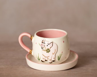 Teacup | Coffee cup | Decorated with a &quot;lucky pig with cloverleaf&quot; | Handmade from ceramic | Real gold elements | Designer cup