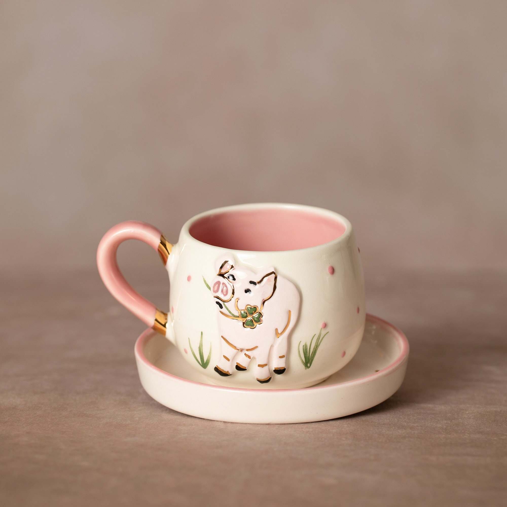 City To Cottage Keramik-Tasse 350 Ml - Handgemacht, Grün-weiß Kariert Mit Untertasse