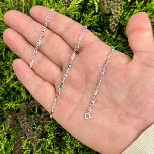 925 Sterling Silver Gemstone Necklace, Multi Color Stone Necklace, Baguette Jewelry, Delicate Necklace, Gemstone Jewelry