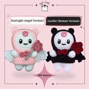 May include: Two crocheted dolls, one pink and white, the other black and white. The pink doll, labeled "StarLight (Angel Version)", has wings and holds a flower. The black doll, "Lucifer (Demon Version)", has bat wings and a bow tie. The text "PDF Pattern" is also visible.
