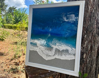 Quadro decorativo de paisagem marinha em resina epóxi - Pintura oceânica emoldurada (80 x 70 cm)