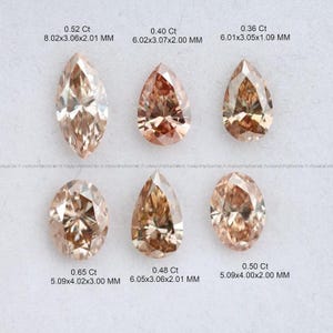 Six loose champagne and cognac diamonds in mixed geometric shapes shown with their respective carat weights and millimeter dimensions.