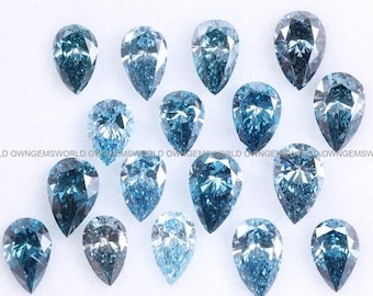 May include: A collection of sixteen pear-cut blue diamonds arranged in a grid pattern. Each gemstone features a faceted surface that reflects light, displaying various shades of deep to light blue. The text OWNGEMSWORLD is repeated across the image.