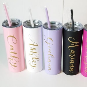 Personalized Bridesmaid Tumbler: Insulated Skinny Tumbler with Lid & Straw