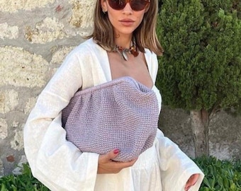 Lila Crochet Raffia Bag | Natural Straw Summer Handbag Pouch | Clutch Bag With Hidden Metal Locked
