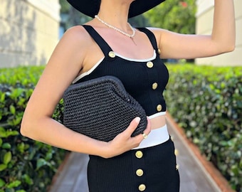 Small Raffia Black Clutch Bag for Women | Straw Knitted Raffia Bag | Natural Boho Summer Handbag