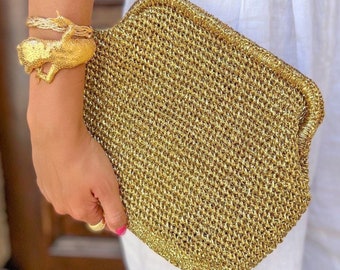 Metallic Gold Raffia Clutch Bag | Evening Crochet Pouch Bag | Summer Raffia Luxury Handbag