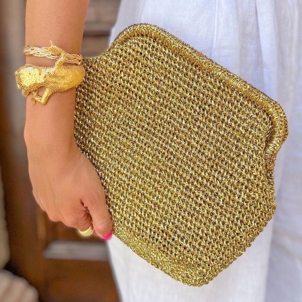 Pochette en raphia doré métallisé | Pochette de soirée en crochet | Sac à main de luxe en raphia d'été