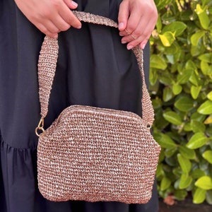 Metallic Rose Gold Raffia Clutch Bag | Evening Crochet Pouch Bag | Metallic Raffia Crossbody Women's Evening Hand Bag
