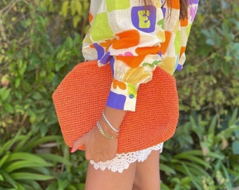 Orange Raffia Crochet Clutch For Wedding | Natural Summer Handbag | Pouch Clutch Bag With Hidden Metal Locked