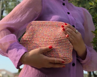 Rainbow Raffia Clutch Bag  | Evening Crochet Pouch Clutch | Natural  Summer HandBag
