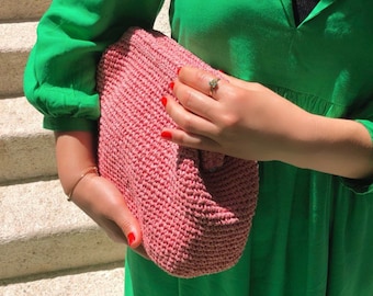 Raffia Salmon Crochet Clutch Bag  | Summer Wedding Party Clutch | Natural Boho Handbag For Women