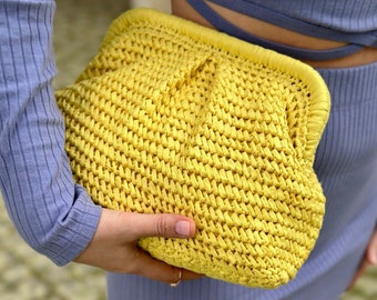 Yellow Raffia Clutch Bag | Summer Raffia Pouch Clutch | Straw Natural Handbag for Women