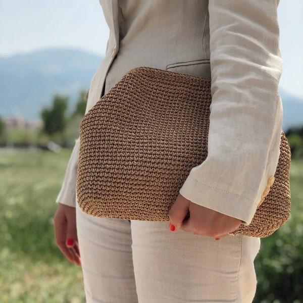 Handmade Raffia Clutch Bag | Pouch Clutch Bag With Hidden Metal Locked | Summer Raffia handbag