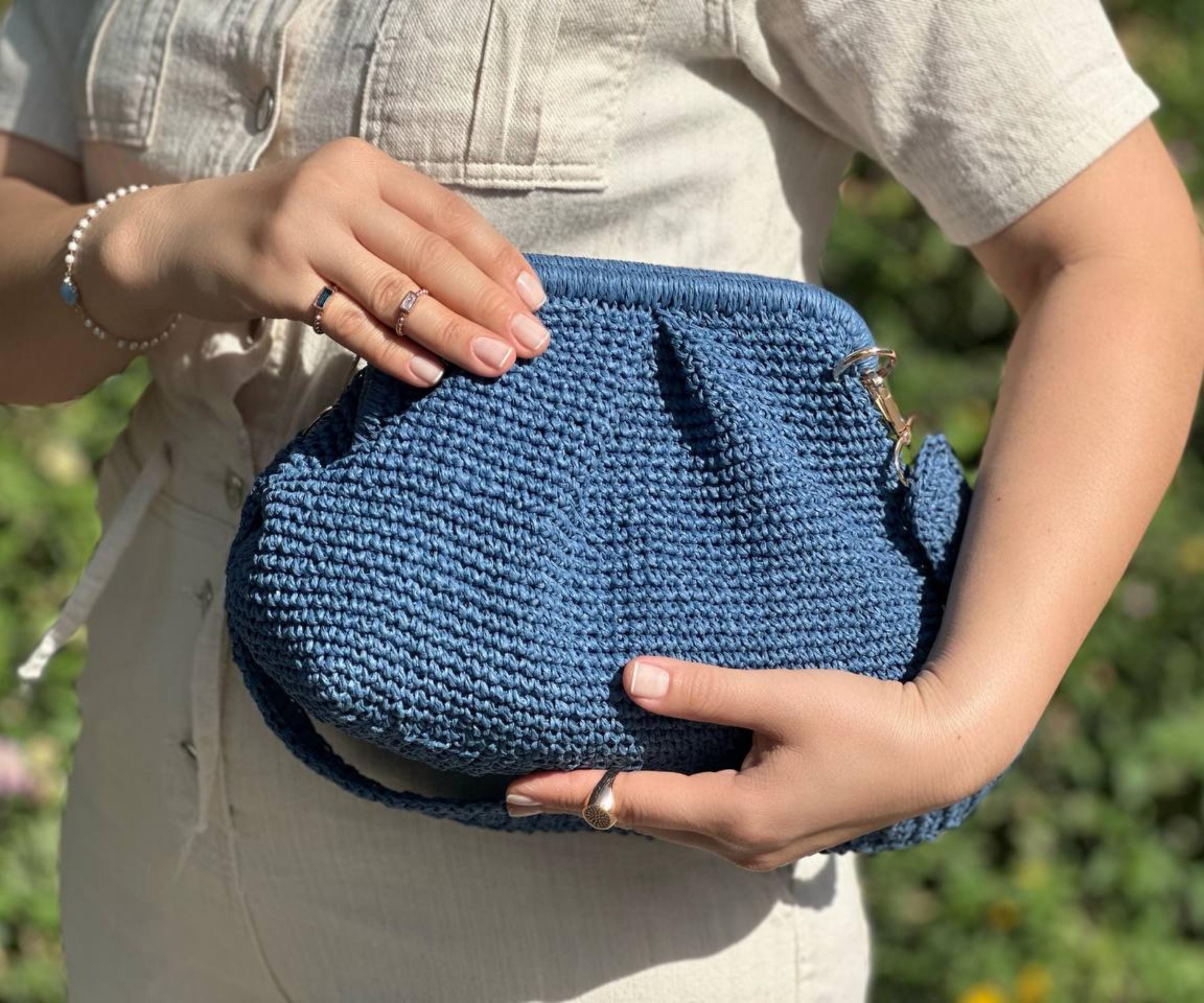 Blue Raffia Clutch Bag | Woven Straw Handmade Handbag | Knitted Raffia Pouch Clutch Bag