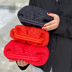 Natural Raffia Crochet Clutch Bag  | Straw Knitted Raffia Bag | Colorful Woven Clutch Bag