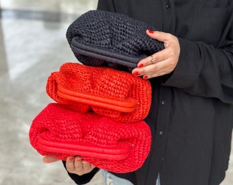Natural Raffia Crochet Clutch Bag  | Straw Knitted Raffia Bag | Colorful Woven Clutch Bag