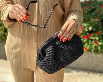 Black Raffia Crochet Clutch Bag | Pouch Clutch Bag With Hidden Metal Locked | Straw Woven Natural Handbag