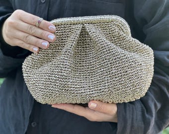 Handmade Gold Metallic Raffia Clutch | Special Occasion Handbag