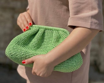 Neon Green Bridesmaid Raffia Clutch Bag | Woven Straw Knitted Raffia Bag | Gift for Womens